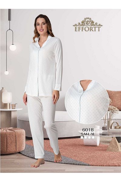 Maison Mila Set de pijamale cu nervuri cu nasturi în față cu buline albastre Effortt