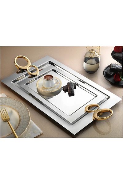 ÖzSa Home Tiamo Souvenir 2-Piece Catering Presenter Tea and Coffee Tray 18/10 Stainless Steel
