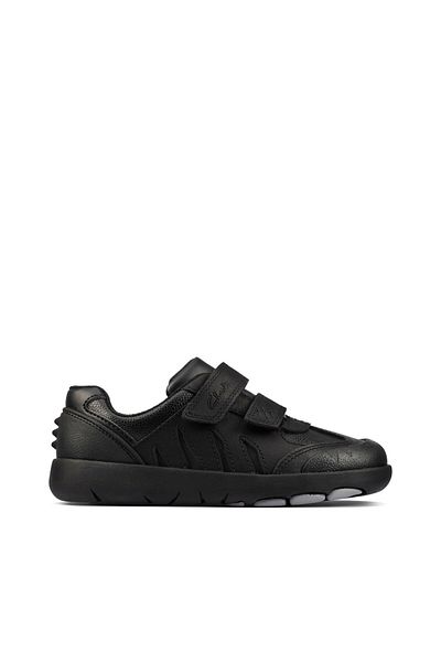 CLARKS Rex Stride K Black Leather SHOES JUNIOR BOYS