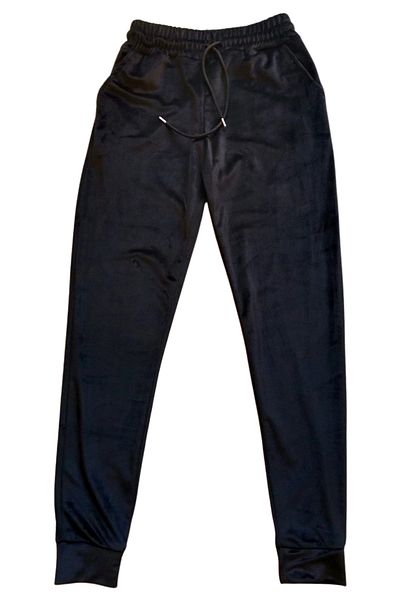 Angoravi Shiny Velvet Pocket Trousers Tracksuit Pajama Bottom Unisex Elastic Leg Black