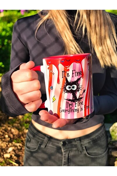 mug shop It's Fine Tasarım Kaliteli Porselen Hediyelik Komik Kedi Mega Kupa -...