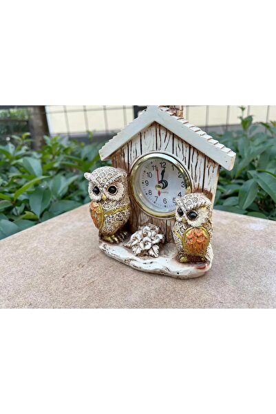 e-life shop Lüks 2'li Baykuş İşlemeli Dekoratif Biblo Masa Saati Ev Ofis Yeni Yıl Hediyesi Konsol Vitrin Süsü 2