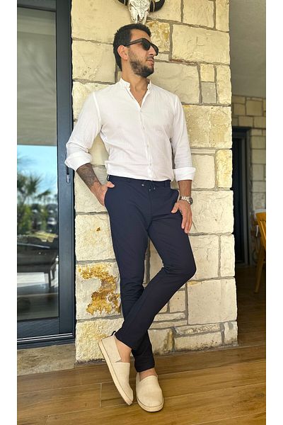 wontilotte Pantaloni de jogging pentru bărbați - K.Blue marine, croi italian, curea și șireturi elastice, de înaltă calitate
