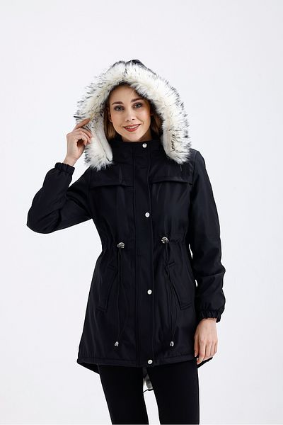 Sense Plush Finish - Black Ecru Coat with Hoodie and Laces