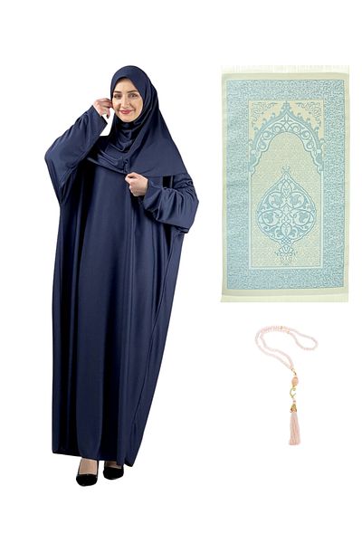 Modish Group Prayer Dress Scarf Prayer Rug Rosary Set, Islamic Clothing Suit Ferace Turban Shawl