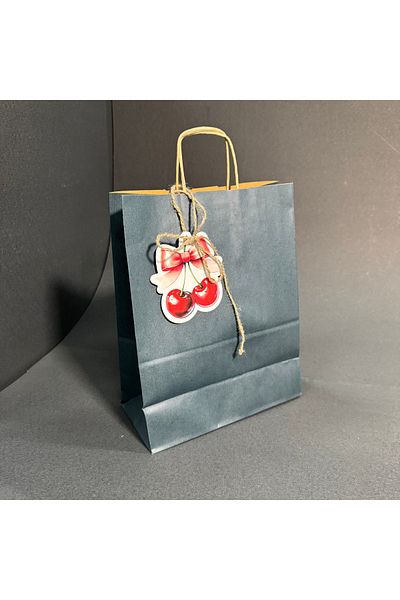 weloveis Kraft Paper Bag - Dark Blue Color, Cherry Design Card, 25 Pieces