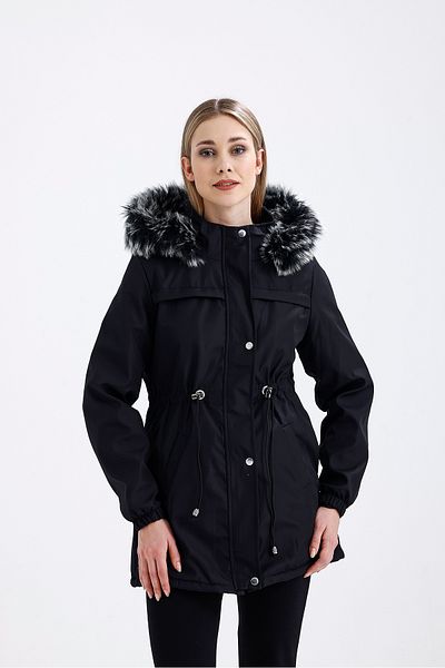 Sense Plush Finish Hooded Snap Coat - Lace-Up and Elastic Pockets, Black-Beige