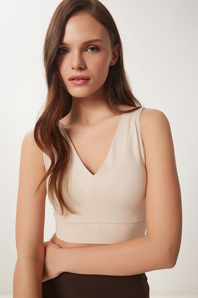 Lovelyİstanbul Αθλητικό σουτιέν V-Neck Shaper - Στήριγμα, Πλεκτό, ΚΡΕΜΑ LVX0009