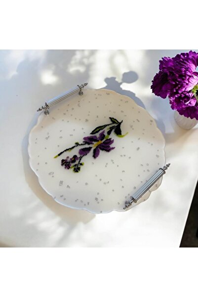 Pelince Epoksi Reçine Kaneviçeli Tepsi - Mor Çiçek - Çap : 30 Cm