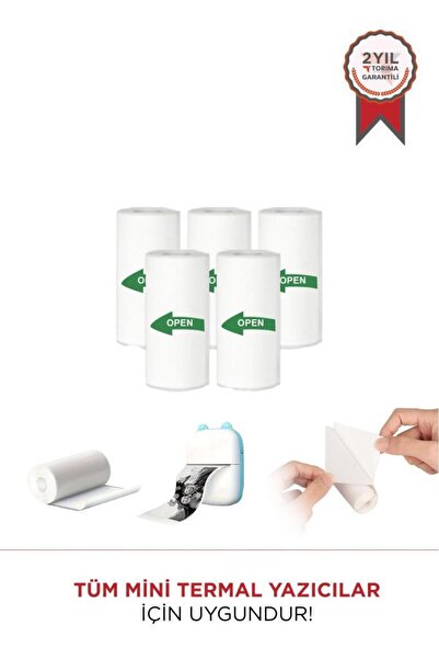 Torima Termal Rulo Kağıt Yapışkanlı Etiket Sticker Tüm Mini Makinalarla Uyumlu 1 Paket (5 Adet) Beyaz