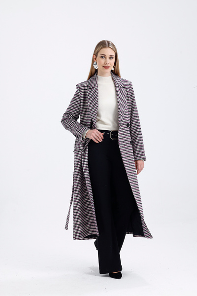 Sense Lined Front Buttoned Waist Belted Houndstooth Long Coat |   Knb36014 Black Purple Crow's Foot