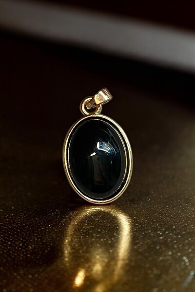 SeSi Siyah Taş Oval Yuvarlak Kolye Ucu