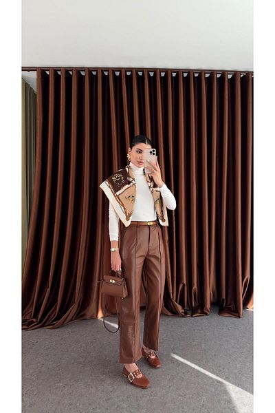 HAZELANNA Stitched Soft Leather Brown Trousers