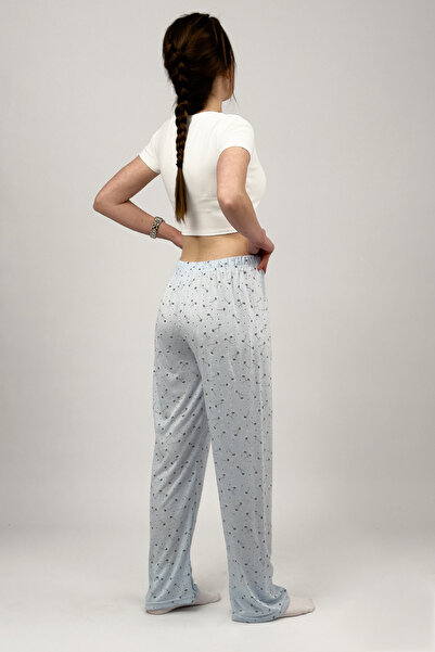 Betimoda Kadın Dört Mevsim Poliviskon Kurdeleli Pijama Altı Eşofman Mavi Çiçek