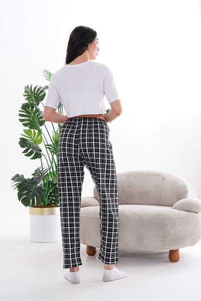 Arvin Pijama Partea de jos de pijama relaxată unisex din bumbac imprimat în carouri negre