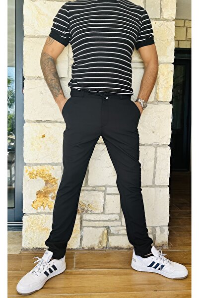 wontilotte Erkek Jogger Pantolon Siyah Italyan Kesim,beli Kemerli Lastikli Bağcıklı Yüksek Kaliteli