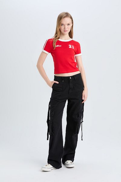 DeFacto Valentine's Day Coool Fitted Printed Rib Short Sleeve T-Shirt E0332Ax25Sm