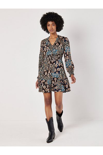 Apricot Floral schimmerndes Patchwork-Minikleid