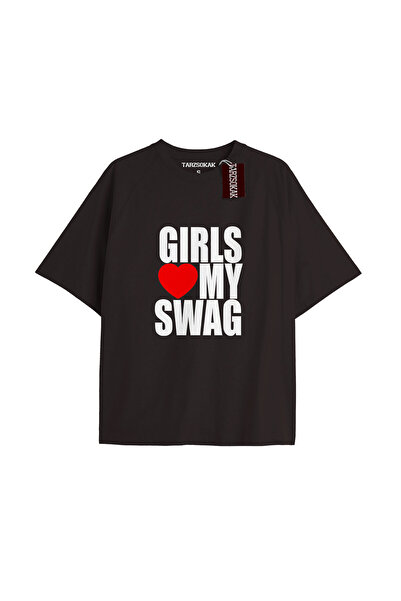 TIMESWASTINGIRL GIRLS LOVE MY SWAG Tricou unisex oversize cu scris NEGRU