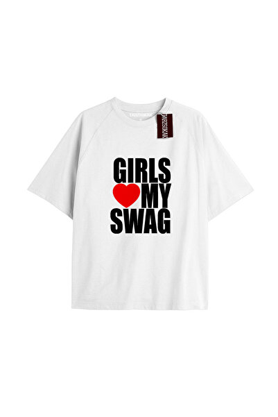 TIMESWASTINGIRL تيشيرت بناتي LOVE MY SWAG للجنسين مقاس كبير باللون الأبيض