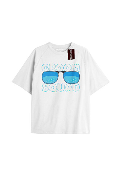 TIMESWASTINGIRL Tricou unisex supradimensionat cu imprimeu GROOM SQUAD - ALB