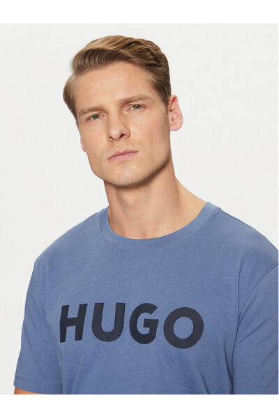 HUGO Erkek %100 Pamuklu Logolu Kısa Kollu Mavi1 T-Shirt 50467556-476