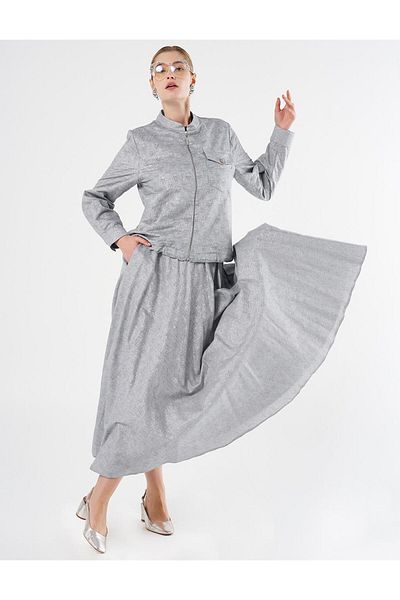 Kayra Σετ Φούστα Jacquard με γυαλιστερή πέτρα σε σκούρο γκρι