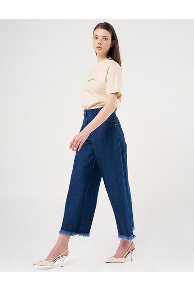 Kayra Navy Blue Denim Trousers with High Waist