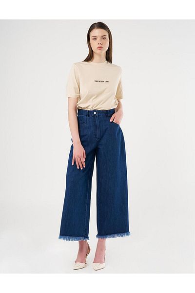 Kayra Navy Blue Denim Trousers with High Waist