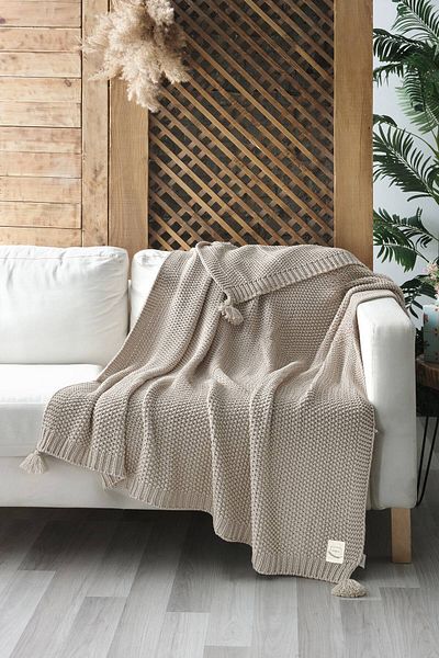 Miespiga Coco Rice Knitwear Κουβέρτα τηλεόρασης Throw Μπεζ πλεκτό σάλι καναπέ με πομπόν