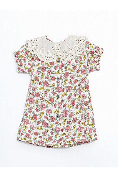 LC Waikiki LCW baby Ekru Bebe Yaka Uzun Kollu Çiçekli Kız Bebek Elbise