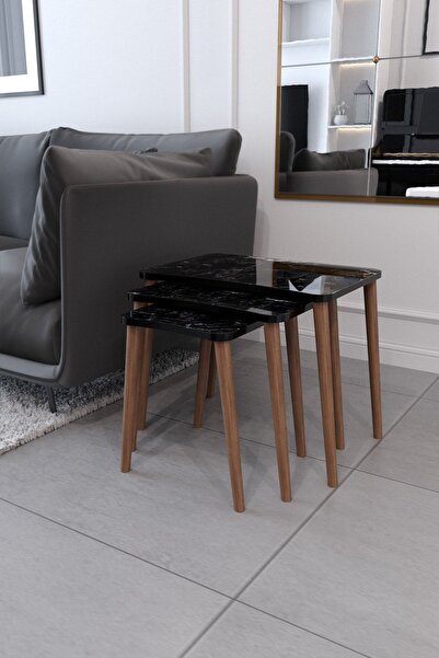 Zuesse Dizayn Zigon Sehpa & Yan Sehpa 3'lü Ahşap Ayaklı Sehpa - Siyah Mermer ...