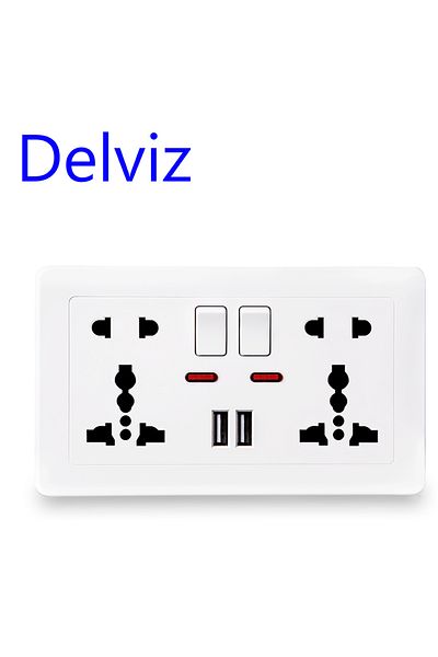 Choice 110-250v White Delviz Wall Power Socket Universal 5 Hole, 2.1a Dual Usb Charger Port,146mm*86mm, Led