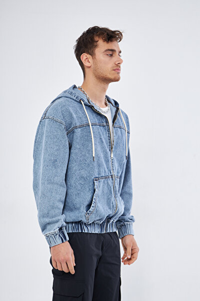 Mesfeno Fermuarlı Kapüşonlu Denim Kumaş Erkek Sweatshirt, Oversize %100 Pamuk, Kanguru Cepli