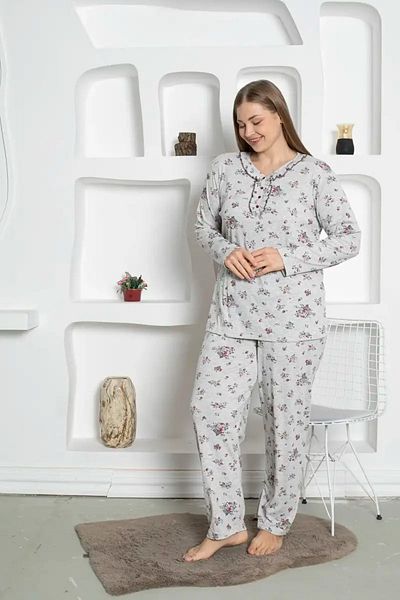 bie's Gray Floral Print Large Size Women's Long Sleeve Materni Pajamas Set - 100% Cotton Combed Cotton Seasonal