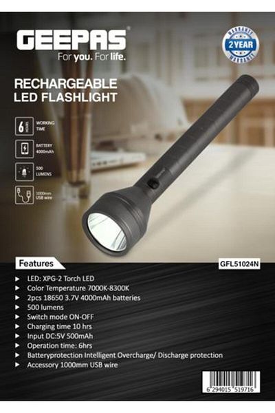 Geepas Rechargeable LED Flashlight-  XPG-2 Torch LED and 6 Hours Continuous Working|