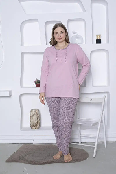 bie's Pink Heart Floral Pattern Plus Size Women's Long Sleeve Pajama Set - 100% Cotton Combed Seasonal