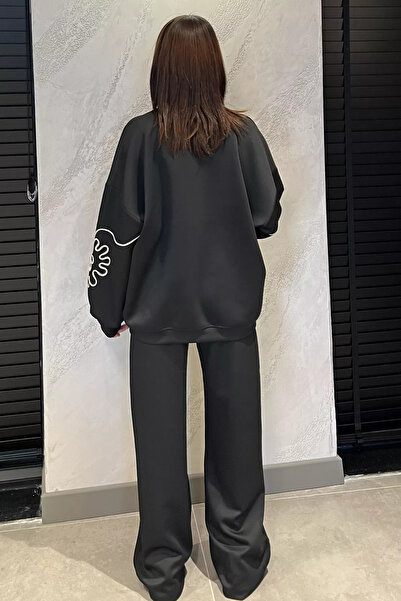 GÜLSELİ Fekete hímzett tunika nadrág kétrészes szett