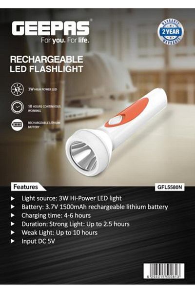 Geepas Rechargeable LED Flashlight- Rechargeable Lithium Battery and Easy to Use