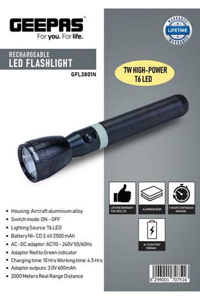 Geepas Rechargeable LED Flashlight 287mm- Hyper Bright White with 4-5 Hours Working & 2500mAh Battery