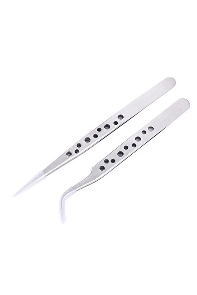 Choice1 قطعتان فضيتان من ملقط إلكترونيات صناعية بطرف مستقيم منحني مضاد للكهرباء الساكنة من الفولاذ المقاوم للصدأ الدقيق