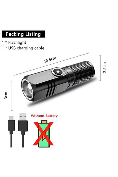 XIWANGFIRE Short No Battery Super Bright Mini Led Flashlight Usb Rechargeable Zoom Tactical Flashlight 3 Lighti