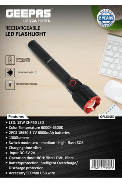 Geepas Rechargeable LED Flashlight, 15 Hours Working Time| 6000K-6500K Hyper Bright Light |