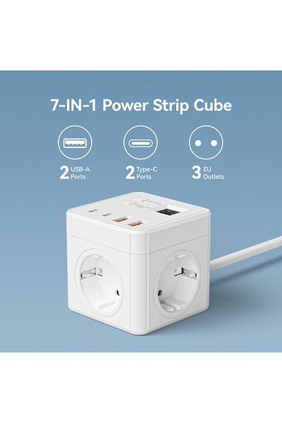 Choice 110-250v Eu 3 Tabletop Socket White 1 7-in-1 Eu Power Strip, Power Strip Surge Protector, 1.5m Exten