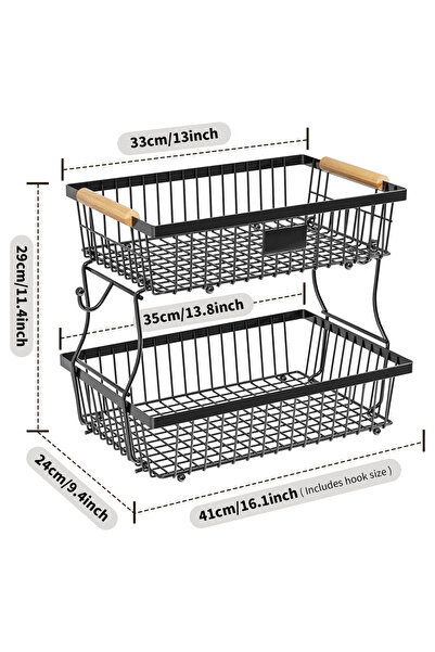 Choice سلة فواكه وخضراوات سوداء من طبقتين، سلة تخزين معدنية بخطاف ومقبض خشبي،...