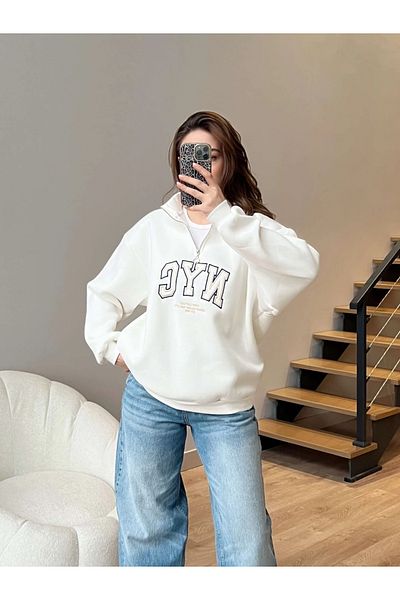 BELLA FASHION Zippered Turtleneck Embroidered Swet