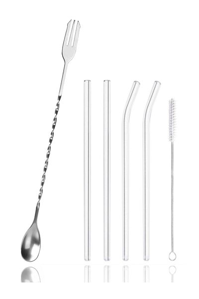 ABOOWE Twisted Fork Bar Spoon 33 cm Cocktail Mixing Spoon & Glass Straw Set