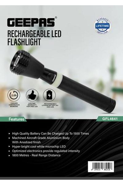 Geepas Rechargeable LED Flashlight- Perfect for Indoor and Outdoor Use, 2 Hours Continuous Working