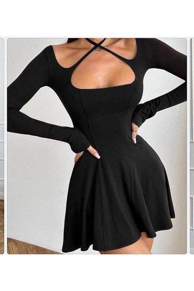 hipnoz butik Women's Long Sleeve Flared Mini Dress