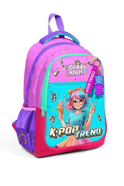 Coral High Rucsac de școală cu trei compartimente cu model K-Pop turcoaz roz pentru copii 14427